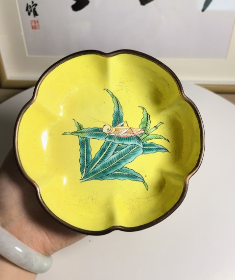 古玩陶瓷晚清民國 銅胎畫琺瑯蟲草紋葵口盤拍賣，當(dāng)前價(jià)格1200元
