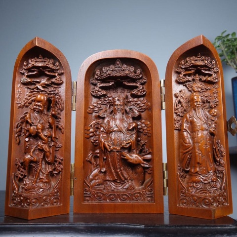 古玩雜項黃楊木雕刻三開盒福祿壽三星高照拍賣，當前價格200元