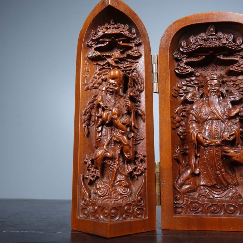 古玩雜項黃楊木雕刻三開盒福祿壽三星高照拍賣，當前價格200元