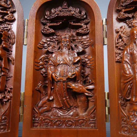 古玩雜項黃楊木雕刻三開盒福祿壽三星高照拍賣，當前價格200元
