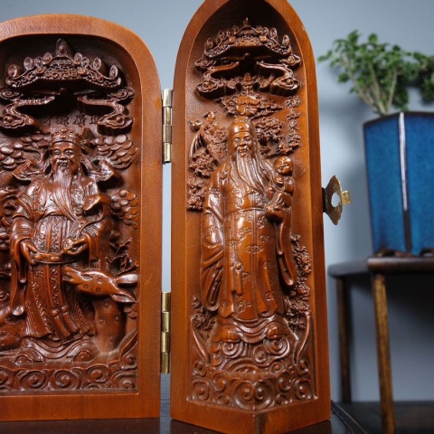 古玩雜項黃楊木雕刻三開盒福祿壽三星高照拍賣，當前價格200元
