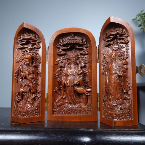 古玩雜項黃楊木雕刻三開盒福祿壽三星高照拍賣，當前價格200元