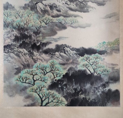 古玩字畫海派名家 吳青霞弟子 著名畫家 呂大衛 綠影叢中 青綠山水手工原裱立軸拍賣，當前價格2988元