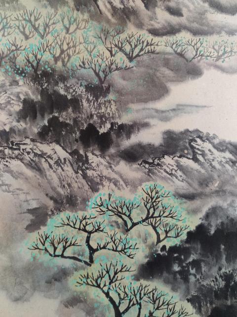 古玩字畫海派名家 吳青霞弟子 著名畫家 呂大衛 綠影叢中 青綠山水手工原裱立軸拍賣，當前價格2988元