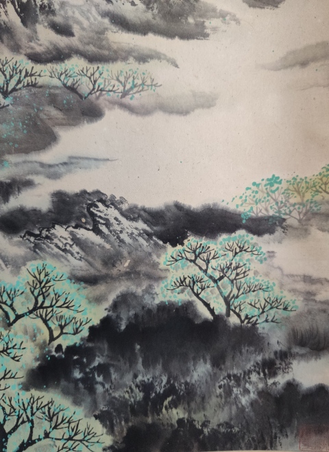 古玩字畫海派名家 吳青霞弟子 著名畫家 呂大衛 綠影叢中 青綠山水手工原裱立軸拍賣，當前價格2988元