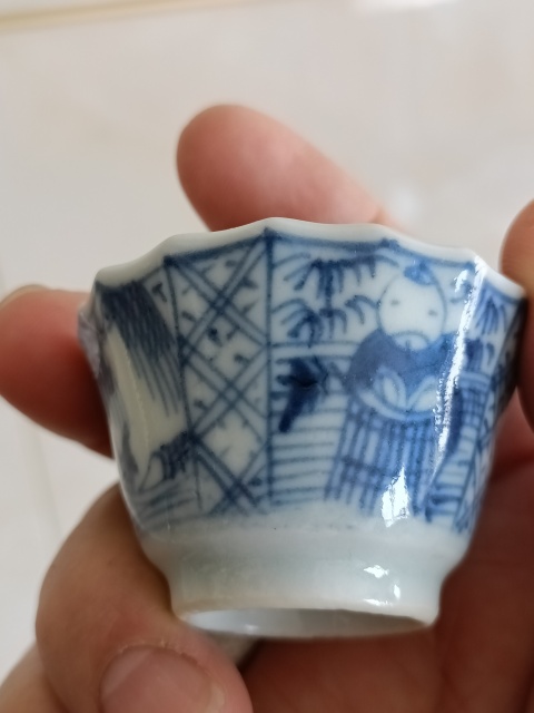 古玩陶瓷清康熙青花漁家樂圖花口杯拍賣,當前價格350元