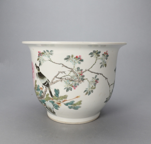 古玩陶瓷【光緒名家許品衡】淺絳彩富貴白頭詩文花盆南京博物院館藏同款拍賣,當前價格58000元