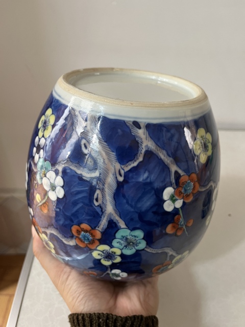 古玩陶瓷晚清大號青花留白加彩冰梅罐拍賣,當前價格7888元