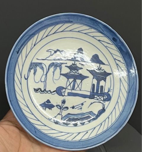古玩陶瓷清中期青花山水樓閣紋折腰盤拍賣,當前價格1080元