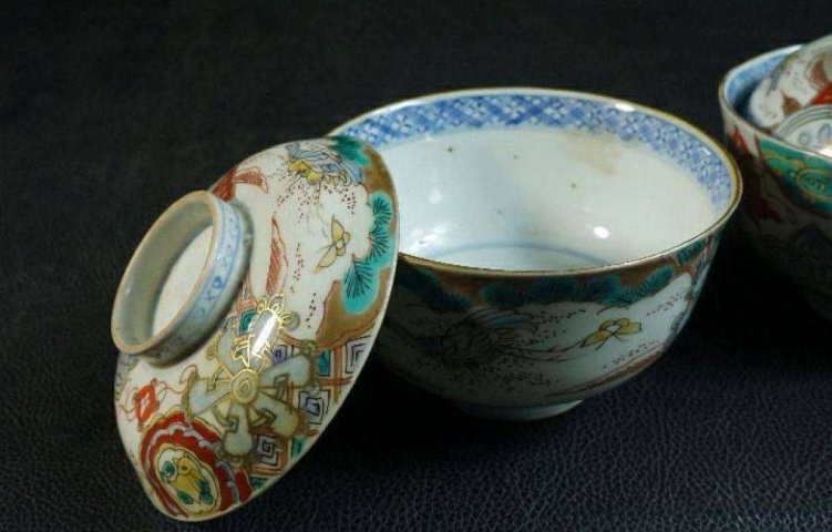 古玩陶瓷活動特惠！！日本大正時期(清末民初)青花加彩蓋碗一對拍賣，當前價格960元