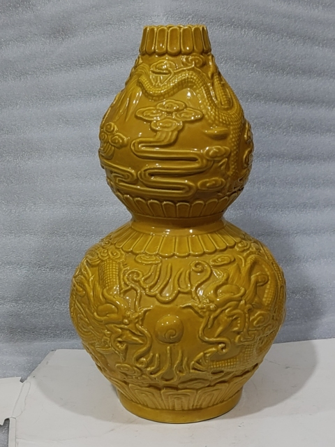 古玩雜項黃釉葫蘆瓷瓶拍賣，當前價格388元