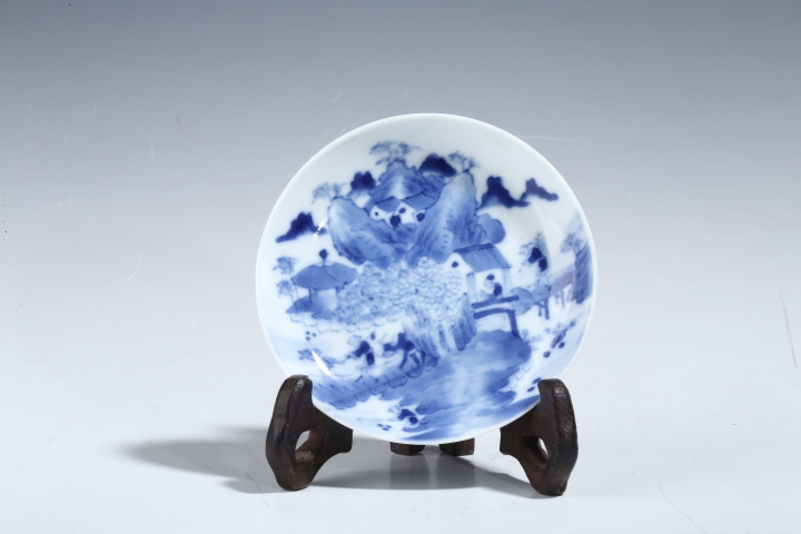 古玩陶瓷細路精品青花漁樵耕讀紋盤拍賣，當前價格850元
