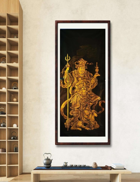 古玩雜項非遺木雕金粉彩拓北方多聞天王拓片(孤品)拍賣，當前價格498元