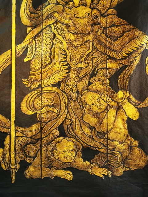 古玩雜項非遺木雕金粉彩拓北方多聞天王拓片(孤品)拍賣，當前價格498元