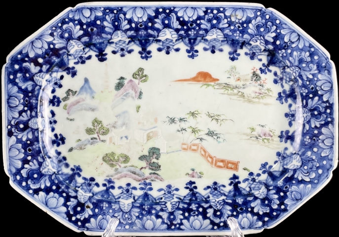 古玩陶瓷清乾隆青花粉彩亭臺風景圖大盤拍賣，當前價格9600元