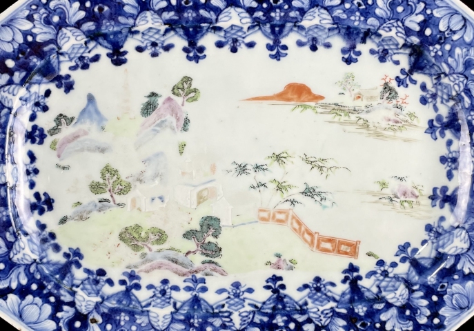 古玩陶瓷清乾隆青花粉彩亭臺風景圖大盤拍賣，當前價格9600元