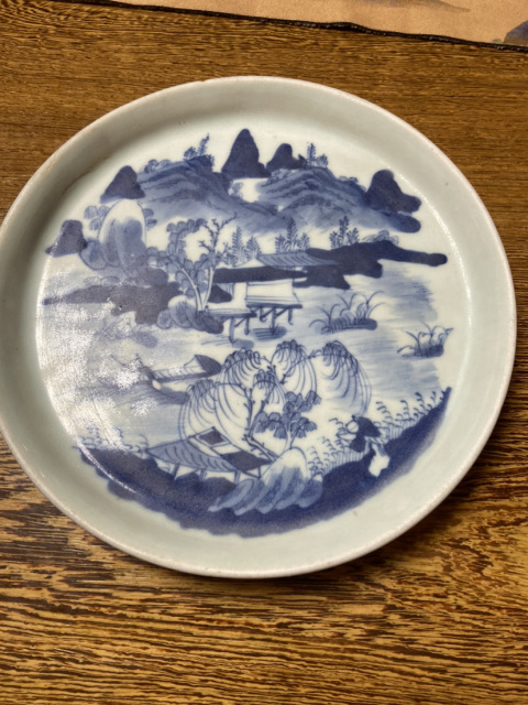 古玩陶瓷清中晚·豆青釉青花山水人物紋茶盤拍賣,當前價格4200元