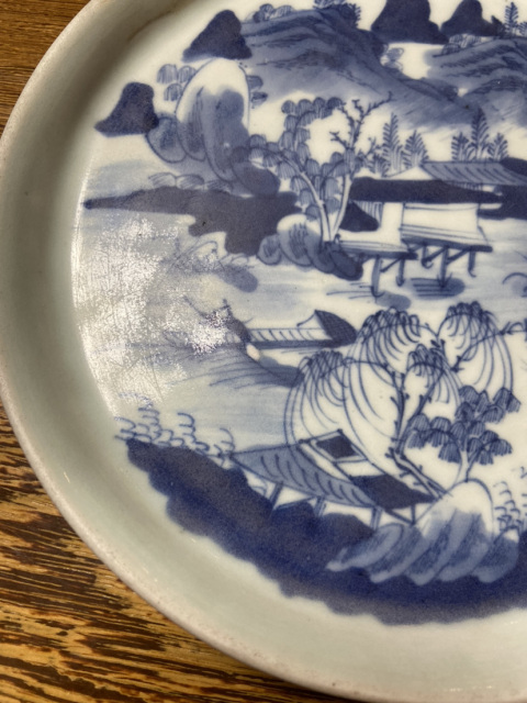 古玩陶瓷清中晚·豆青釉青花山水人物紋茶盤拍賣,當前價格4200元