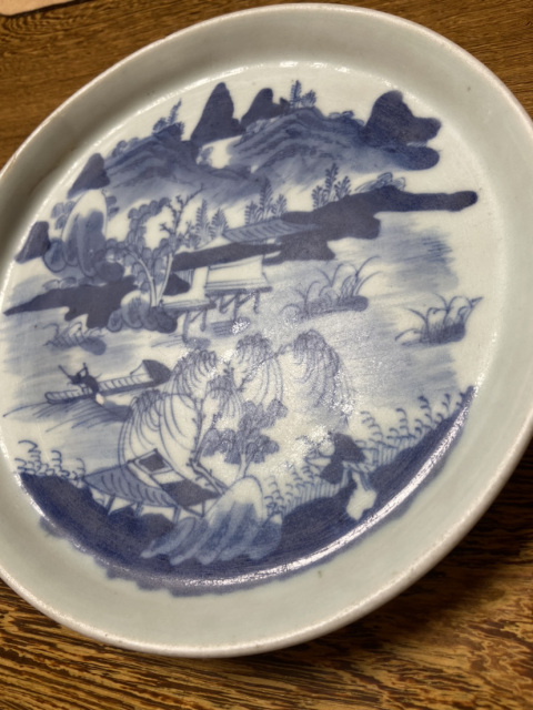 古玩陶瓷清中晚·豆青釉青花山水人物紋茶盤拍賣,當前價格4200元
