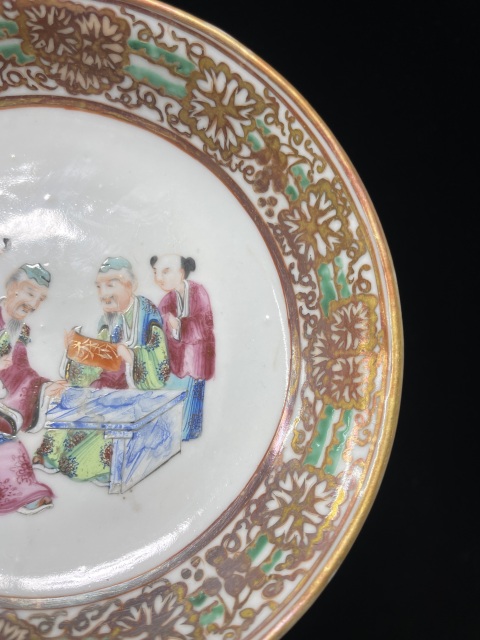 古玩陶瓷清.道光廣彩描金花卉邊人物故事盤拍賣，當前價格800元