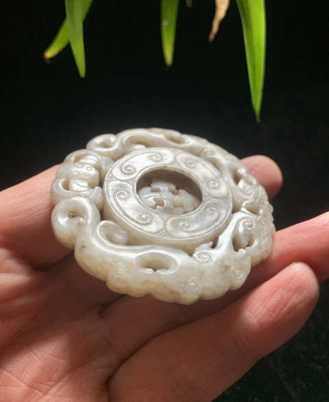 古玩玉器清代和田玉雕“福運連連轉心佩”拍賣，當前價格9500元