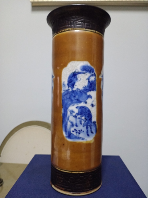 古玩陶瓷精品紫金釉開窗青花松鶴紋花觚拍賣，當(dāng)前價格5555元