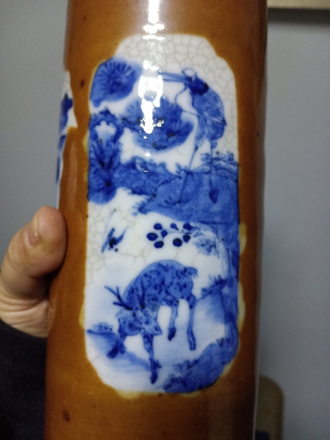 古玩陶瓷精品紫金釉開窗青花松鶴紋花觚拍賣，當(dāng)前價格5555元