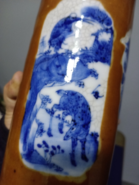 古玩陶瓷精品紫金釉開窗青花松鶴紋花觚拍賣，當(dāng)前價格5555元
