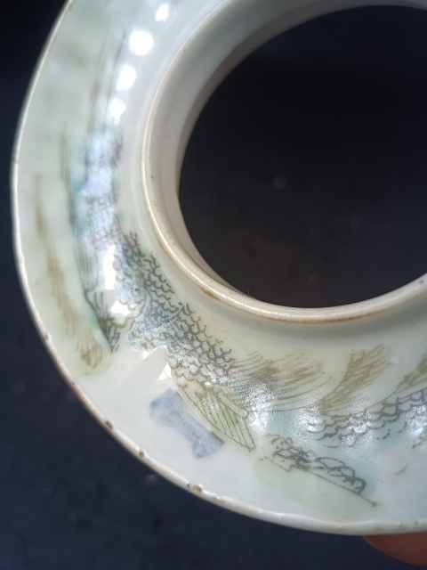 古玩陶瓷（全美品）光緒淺絳彩山水人物瓜棱茶碗拍賣，當前價格388元