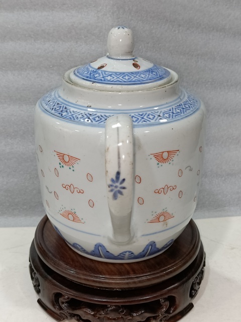 古玩陶瓷青花加彩玲瓏紋茶壺拍賣,當前價格688元