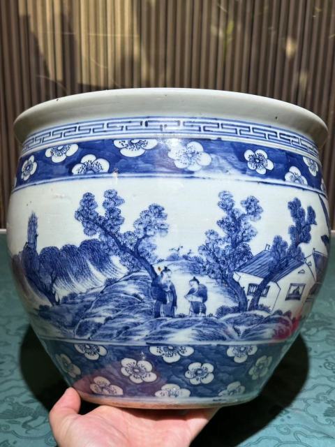 古玩陶瓷雍乾青花披麻皴漁樵耕讀案缸拍賣,當前價格58888元