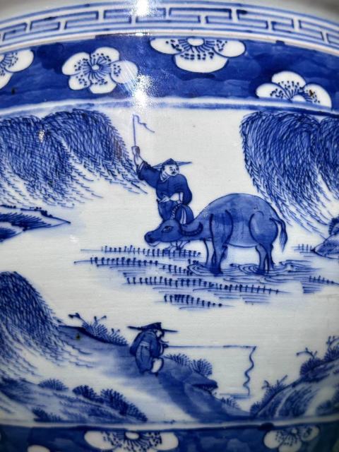 古玩陶瓷雍乾青花披麻皴漁樵耕讀案缸拍賣,當前價格58888元