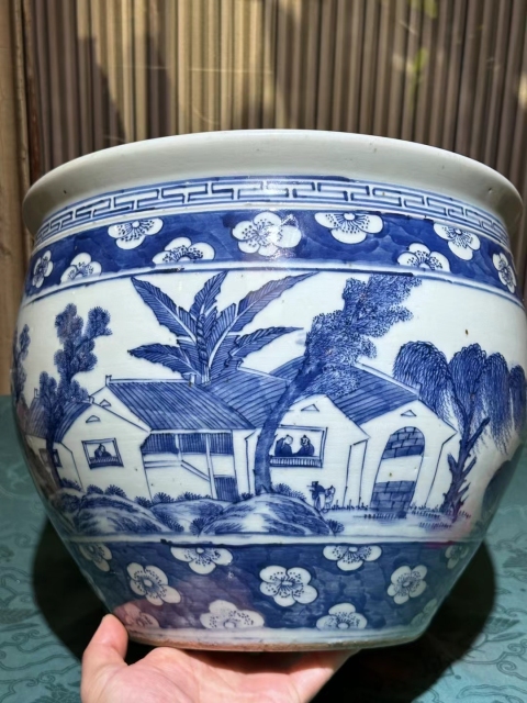 古玩陶瓷雍乾青花披麻皴漁樵耕讀案缸拍賣,當前價格58888元