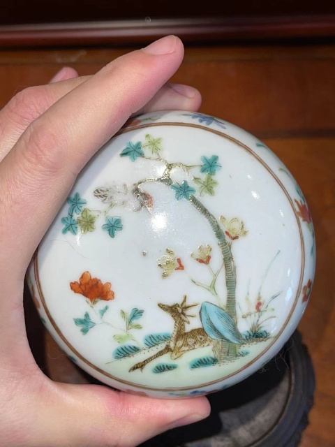 古玩陶瓷清晚期粉彩鶴鹿紋印盒拍賣，當前價格5000元