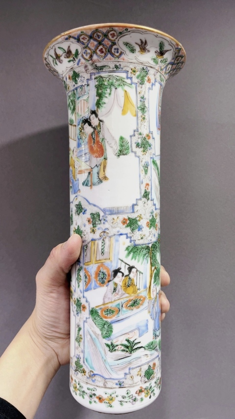 古玩陶瓷零元起拍,全網唯一咸豐綠廣彩大花觚,全品。拍賣,當前價格6000元