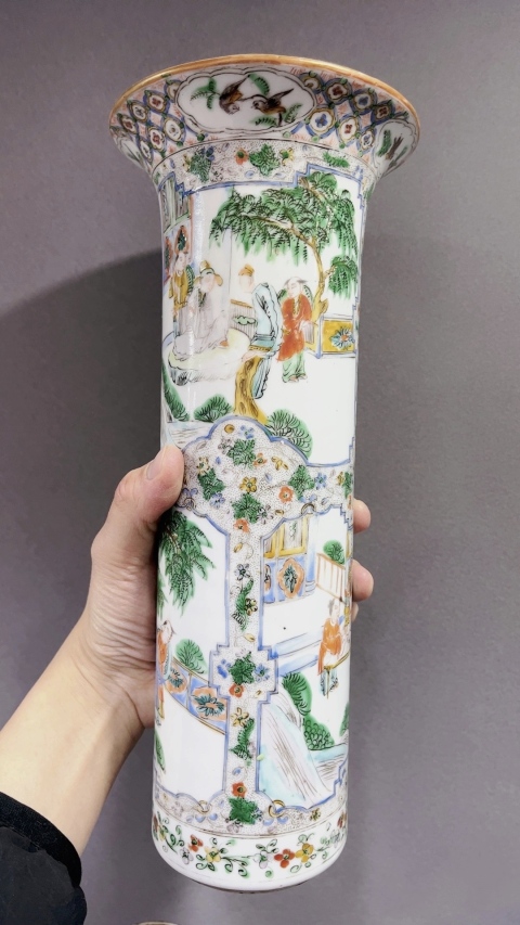 古玩陶瓷零元起拍,全網唯一咸豐綠廣彩大花觚,全品。拍賣,當前價格6000元