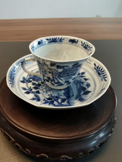 古玩陶瓷定燒細路青花鳳穿牡丹圖杯碟拍賣,當前價格1800元
