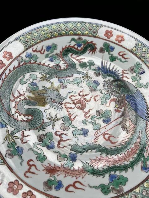 古玩陶瓷清晚期 五彩龍鳳紋大盤(pán)拍賣(mài),當(dāng)前價(jià)格18888元