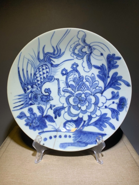 古玩陶瓷清中早期青花鳳穿牡丹紋盤拍賣,當前價格1288元