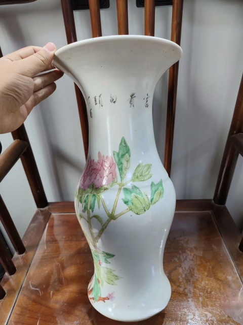 古玩陶瓷淺絳十老張子英親筆作富貴白頭花鳥紋花觚拍賣,當前價格4000元