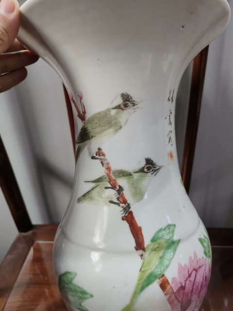 古玩陶瓷淺絳十老張子英親筆作富貴白頭花鳥紋花觚拍賣,當前價格4000元