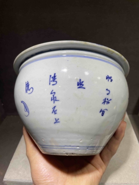 古玩陶瓷清乾隆青花亭臺樓閣山水詩文卷缸拍賣,當前價格1288元