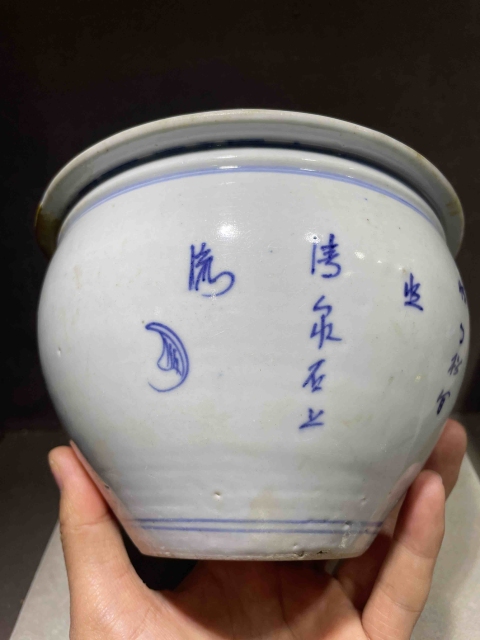 古玩陶瓷清乾隆青花亭臺樓閣山水詩文卷缸拍賣,當前價格1288元