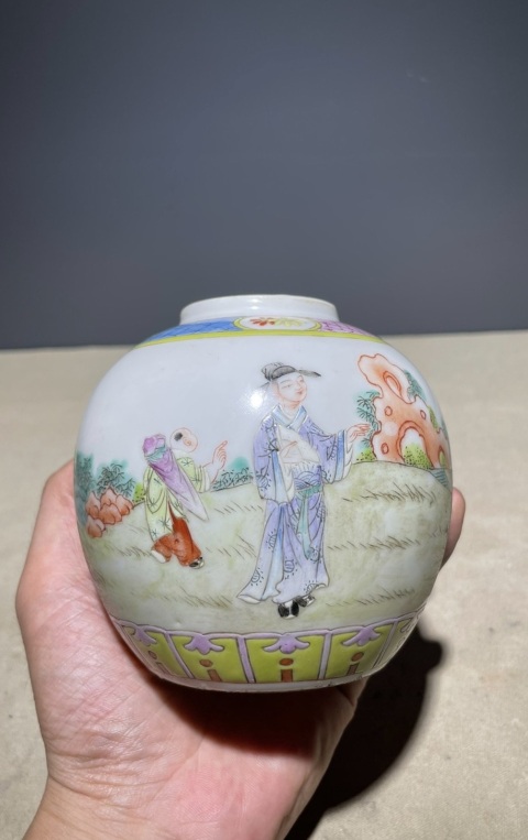 古玩陶瓷【精品細路民窯】粉彩攜琴訪友人物故事紋小罐拍賣,當前價格3000元