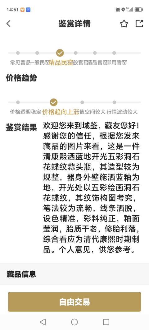 古玩陶瓷清康熙灑藍地開光五彩洞石花蝶紋蒜頭瓶拍賣，當前價格80000元
