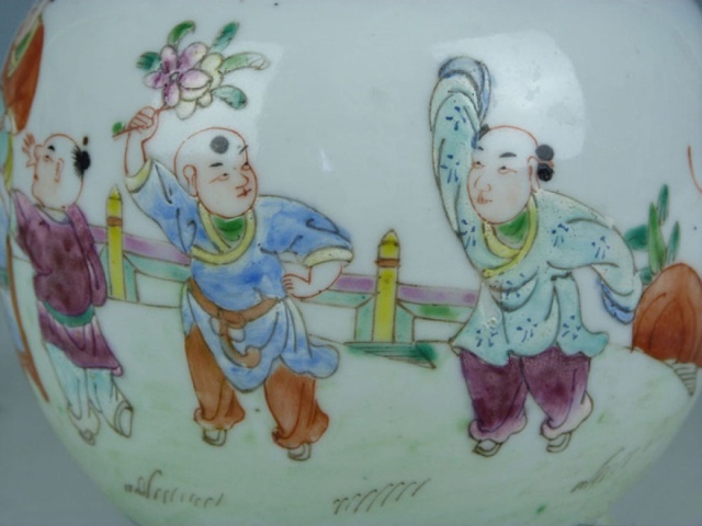 古玩陶瓷晚清精品粉彩嬰戲圖蓋罐拍賣，當前價格2388元