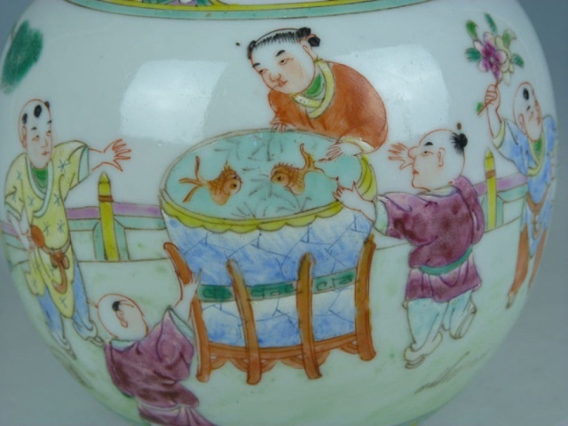 古玩陶瓷晚清精品粉彩嬰戲圖蓋罐拍賣，當前價格2388元