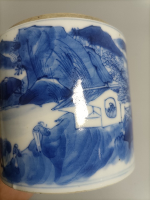 古玩陶瓷清中晚山水紋青花蓋缸拍賣，當前價格1600元