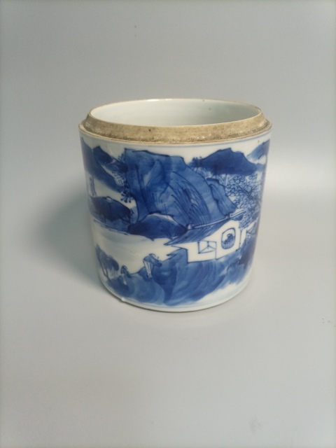 古玩陶瓷清中晚山水紋青花蓋缸拍賣，當前價格1600元