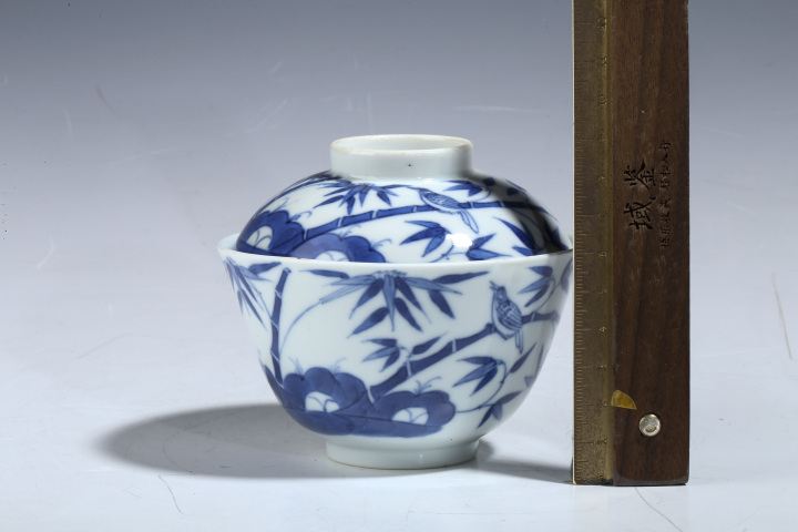 古玩陶瓷道光·青花竹石花鳥詩文蓋碗拍賣,當前價格3999元